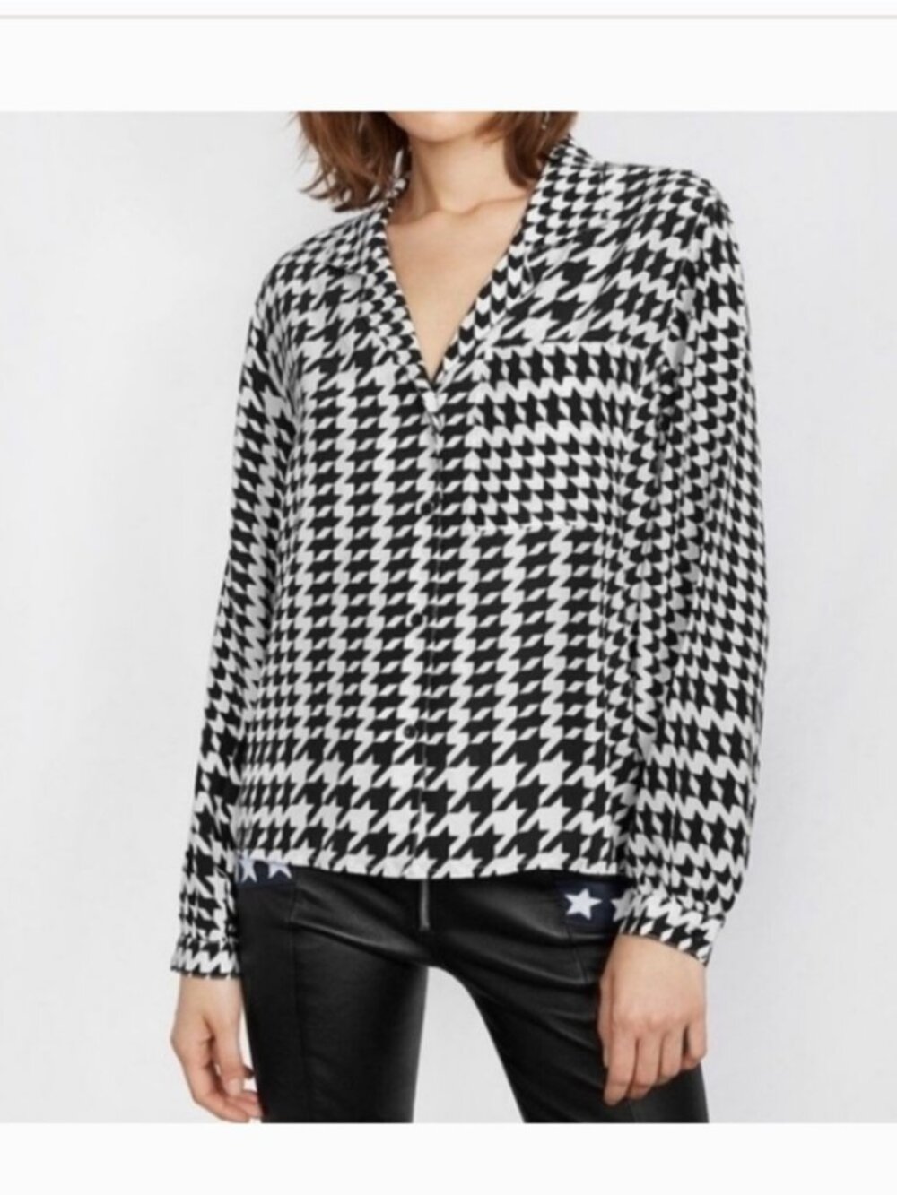 Anine Bing Lilah Silk Blouse Woman Small Houndstooth Boxy Office Retro Classic